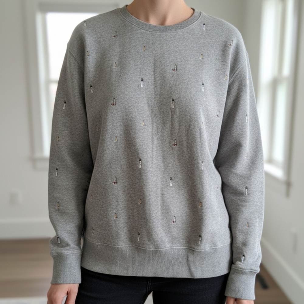 ​J. Crew Womens Crewneck Sweatshirt Size L Gray Fleece Embroidered Lighthouse